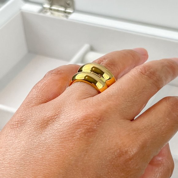 Stainless Steel Double Dome Ring Gold Plated Chunky Gold Ring Wide Thick Ring - Picture 4 of 7